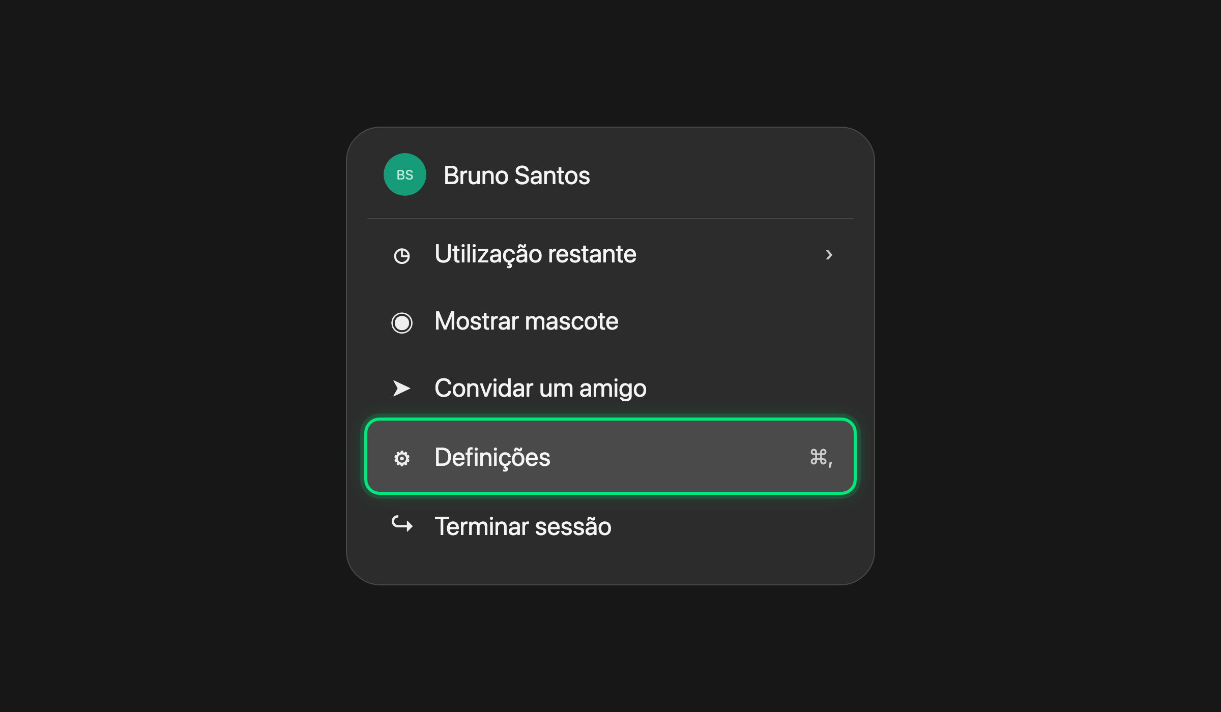 Menu da app ChatGPT em português com Definições selecionado