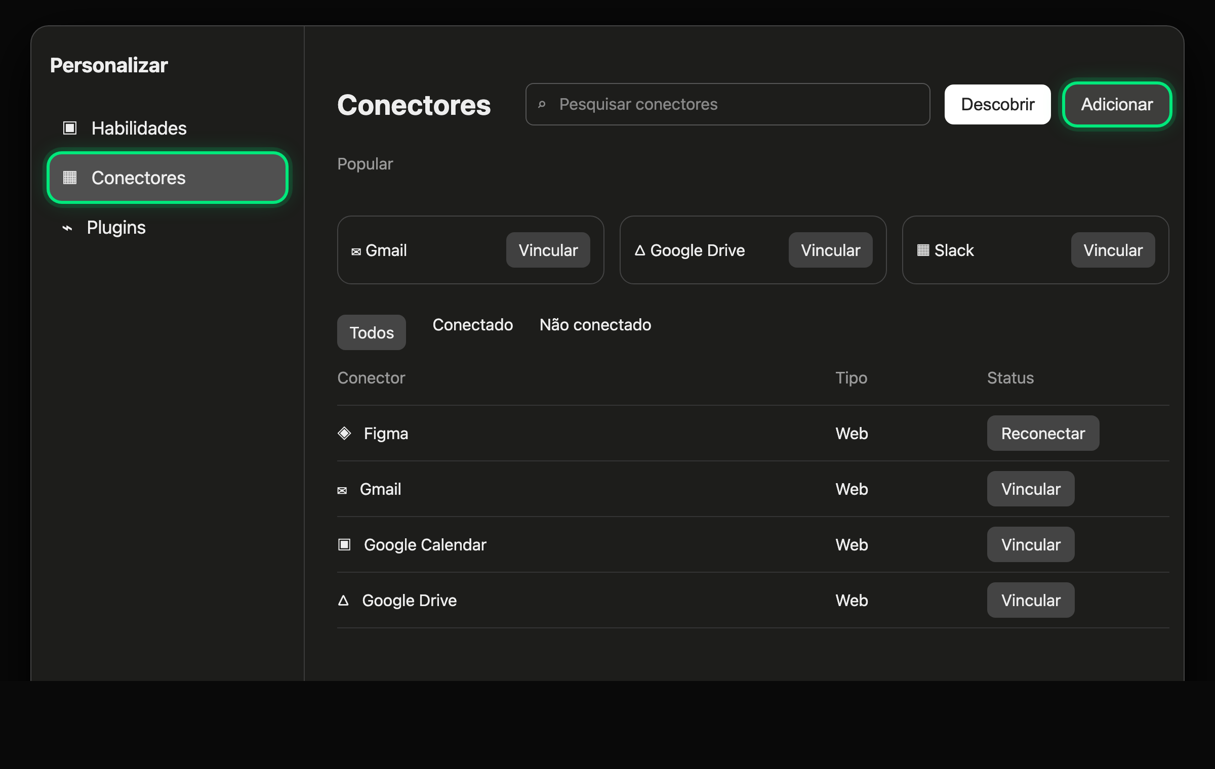 Área Conectores do Claude em português