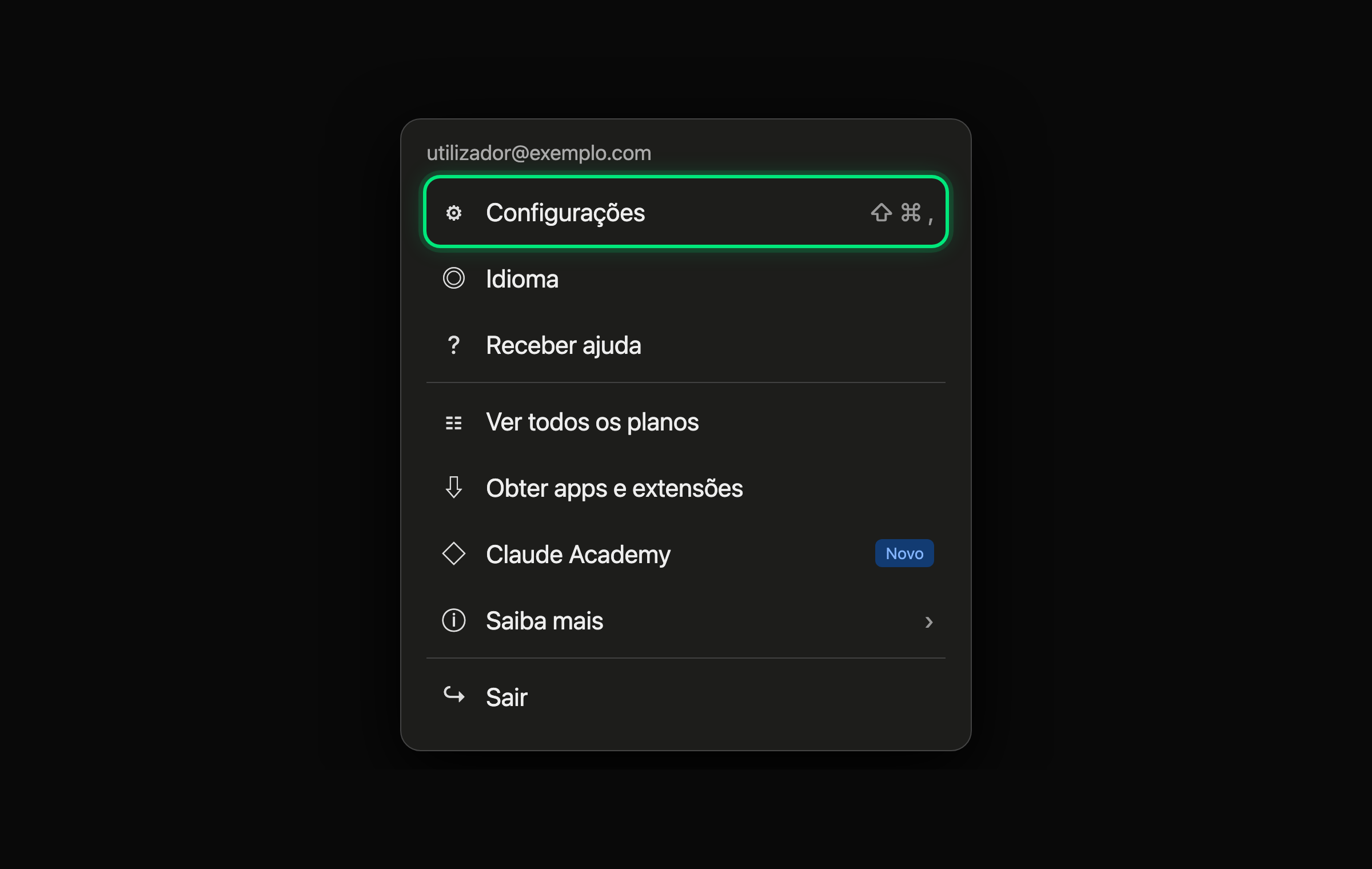 Menu do Claude em português com Configurações